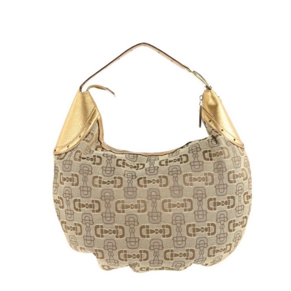 Gucci Horsebit Print Gold Canvas Hobo Bag